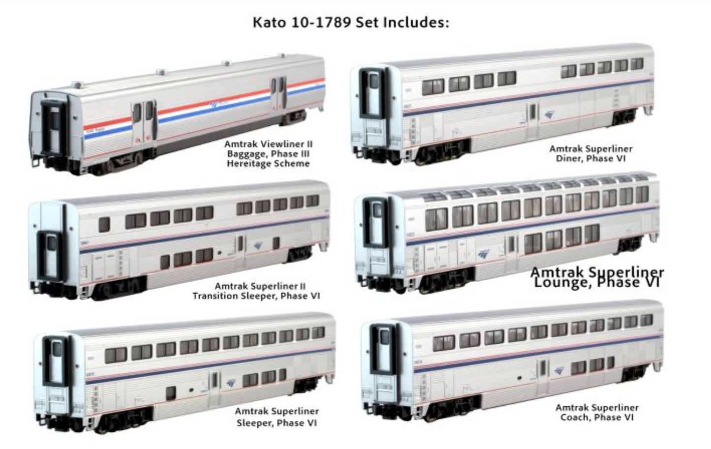 Kato Amtrak 10-1789, Amtrak Superliner Ph VI 6-Unit Bookcase Set N Scale