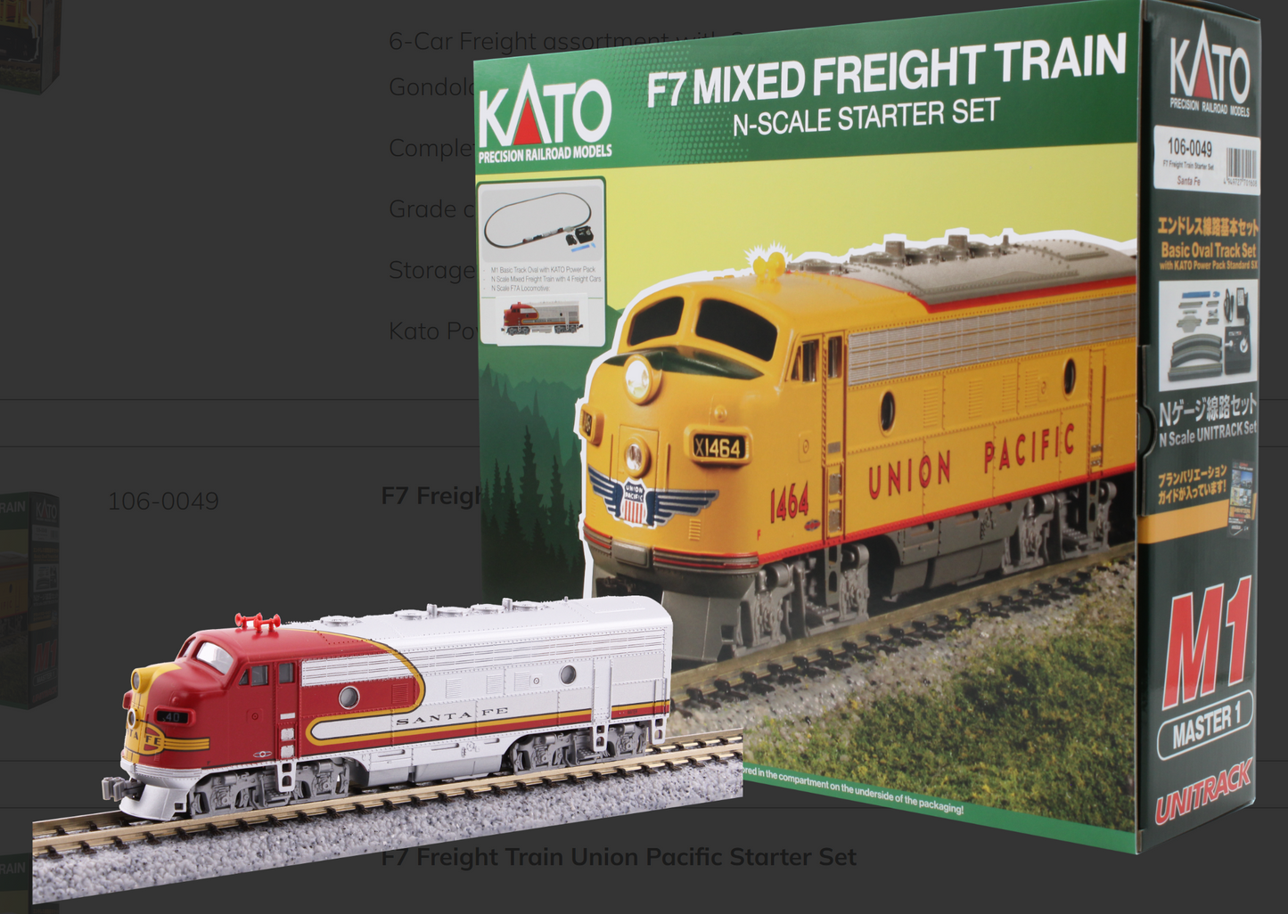 Kato 106-0049 N Scale EMD F7 Freight Starter Set, Includes Santa Fe ATSF Warbonnet Locomotive, 3 Freight Cars, a Caboose, Unitrack Oval & Power Pack