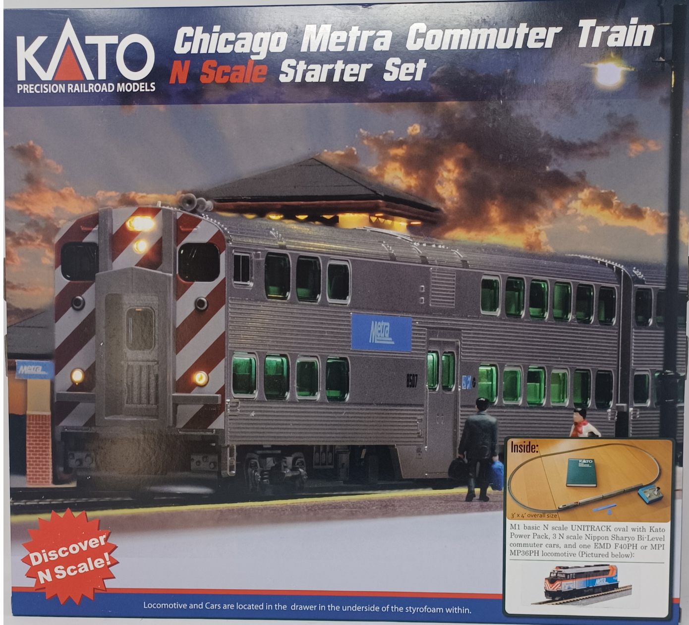 Kato 106-0037 Starter Set Metra N Scale Commuter Series complete with Metra EMD F40PH Diesel Locomotive & 3 Commuter Cars, Unitrak M1 Basic Oval (4.1/2ft x 2ft) & Kato Power Pack