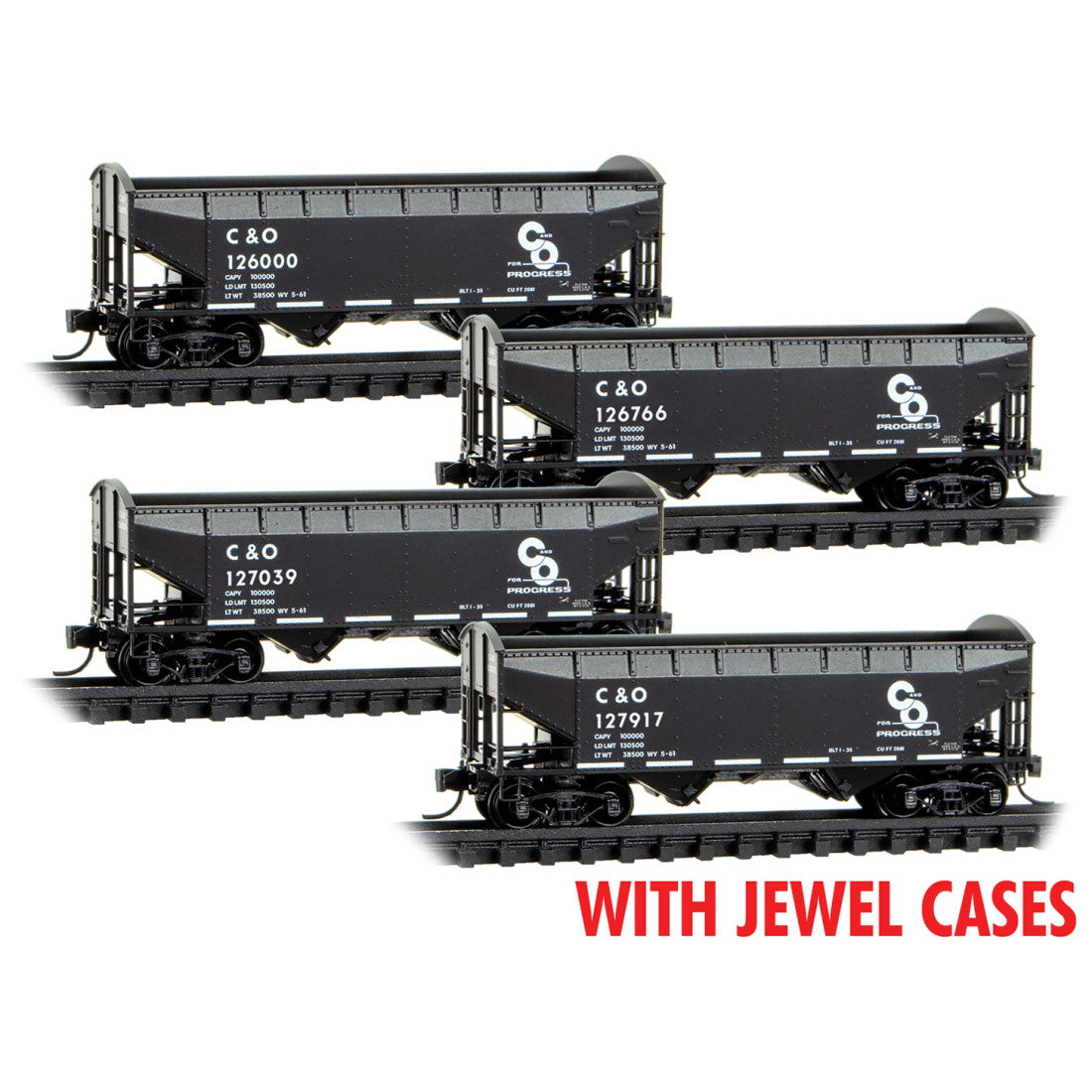 MicroTrains Line 100-Ton 3 Bay Open Hopper with Coal Load Chesapeake & Ohio 4-Pack N Scale