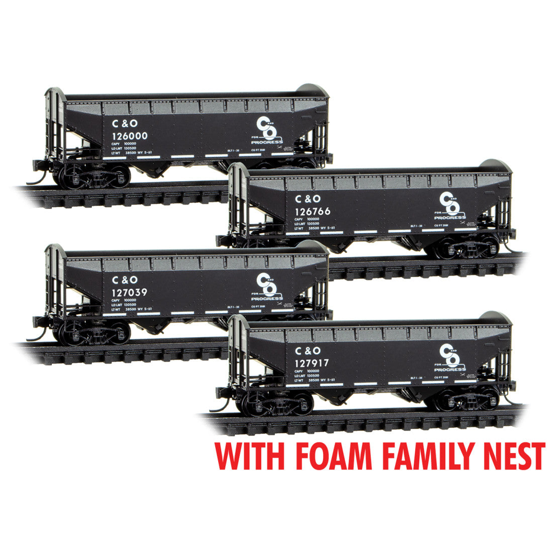MicroTrains Line 100-Ton 3 Bay Open Hopper with Coal Load C&O (Foam Nest) 4-Pack N Scale