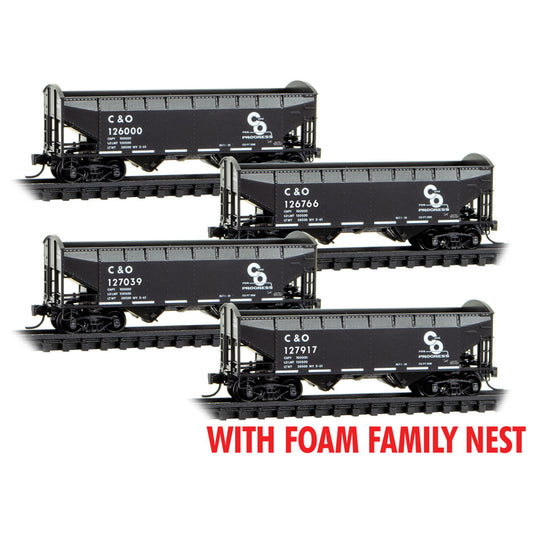 MicroTrains Line 100-Ton 3 Bay Open Hopper with Coal Load C&O (Foam Nest) 4-Pack N Scale