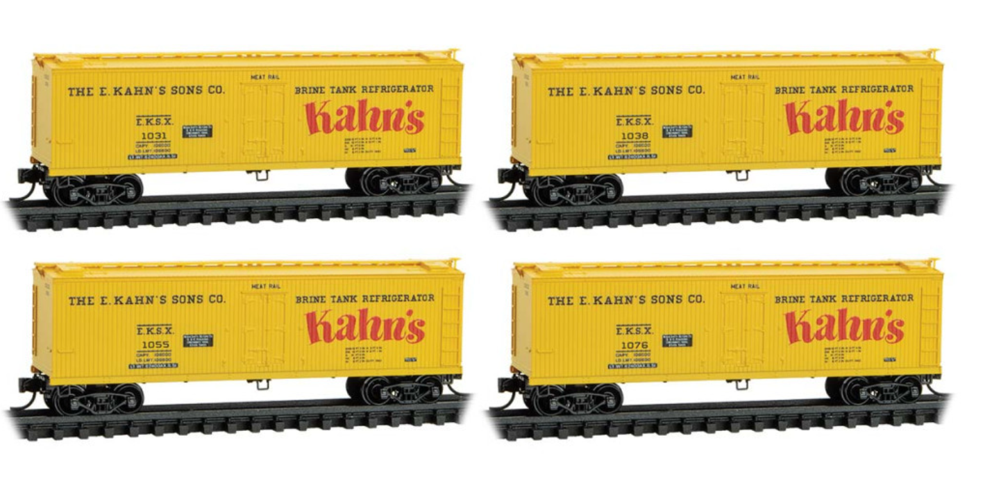 MicroTrains Line 983 02 238 N Scale - 40' Double-Sheathed Wood Reefers N E. Kahn's Sons Co. 4-Car Runner Pack