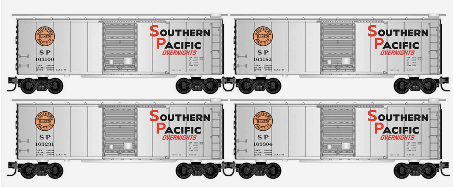 MicroTrains Line 983 00 242 N Scale - 40' Single-Door Boxcar 4-Pack - Ready to Run -- Southern Pacific #163100, 163185, 163231, 163304 (Overnight, silver, black