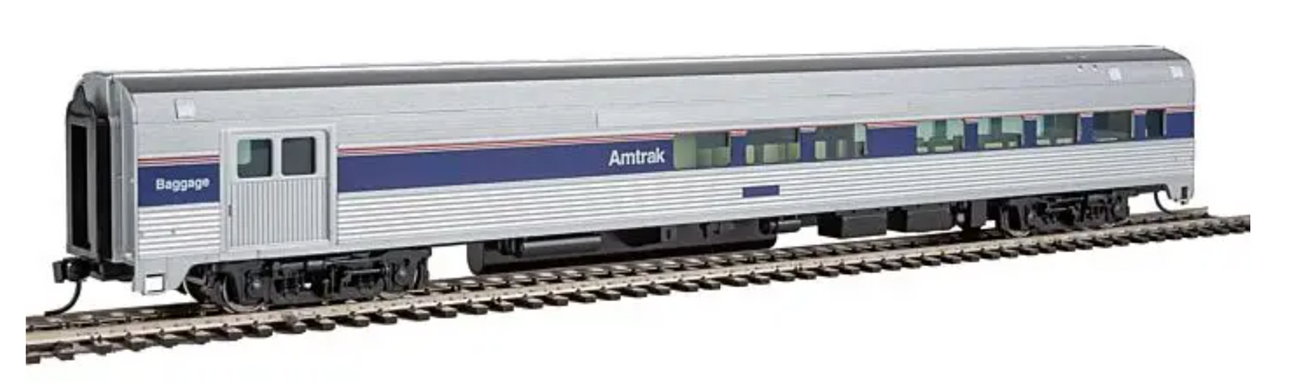 Walthers Mainline 910-30062 HO Scale - 85' Budd Baggage-Lounge Amtrak(R) (Phase IV; silver, Wide Blue, Thin Red & White Stripes)