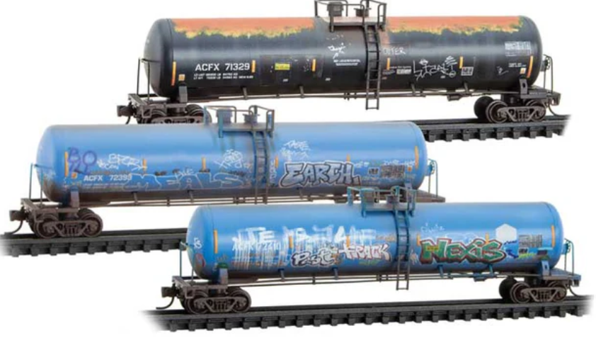 MicroTrains Line 983 05 101 - N SCALE - 56' General-Service Tank Car 3-Pack - Ready to Run -- ACFX #71329, 72393, 72410 (Weathered, 2 blue & 1 black car, graffiti)