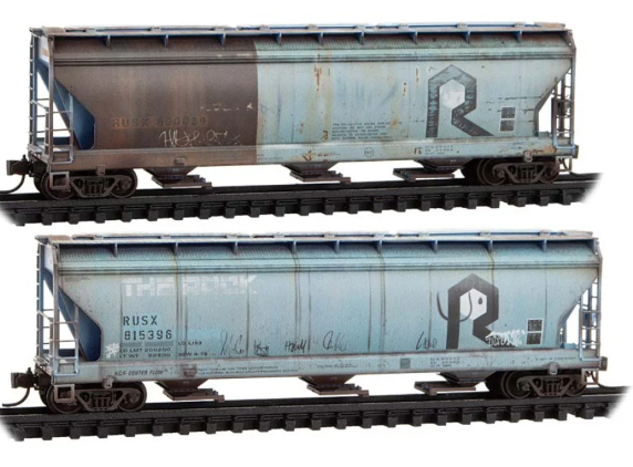 MicroTrains Line 983 05 100 N SCALE - 3-Bay Covered Hoppers, First Union Rail Leasing ex-Rock Island, Weathered, 2-Pack