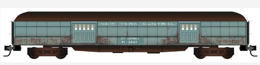 MicroTrains Line 147 44 610 N SCALE - Penn Central Pullman Heavyweight 70' Baggage Car with 4-Wheel Trucks - Ready to Run -- Penn Central #28147 (Ex-NYC, Weathered Jade Green, Jet Engine Service)
