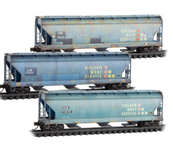 MicroTrains Line 983 05 092 N SCALE - ACF 3-Bay Center Flow Covered Hopper w/Elongated Hatches 3-Pack Cotton Belt SSW Weathered Ex-Golden West