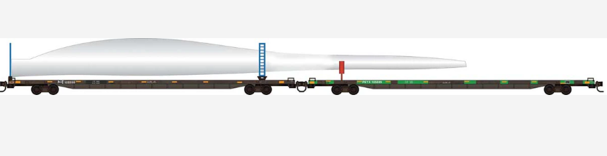 MicroTrains Line 983 02 286 N SCALE - 89'4" Flatcar Set w/Wind Turbine Blade & Holder Kit - Ready to Run -- Transportation Technology Services PEYX #105569, 105598 (BNSF Turbine Train)