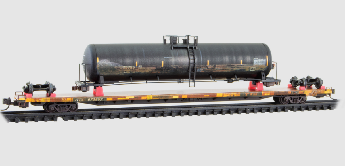 Micro-Trains by Atlas 071 144 941 N Scale - 89’ TOFC Flat Car Weathered TTX with “Wrecked” Tank Car Load Kit
