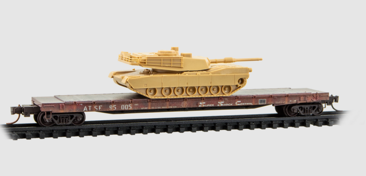 Micro-Trains by Atlas 983 102 294 N Scale - 57’ Converted TOFC Flat Car ATSF Weathered 2-Pack w/ M1 Abrams Tank Kits