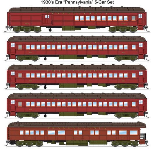 Broadway Limited HO 8964 PRR Heavyweight 5-Car Passenger Set, 1930's Era (PB70 #5034, P70 #823, P70 #989, P70 #1042, Z74d #120 "Pennsylvania")