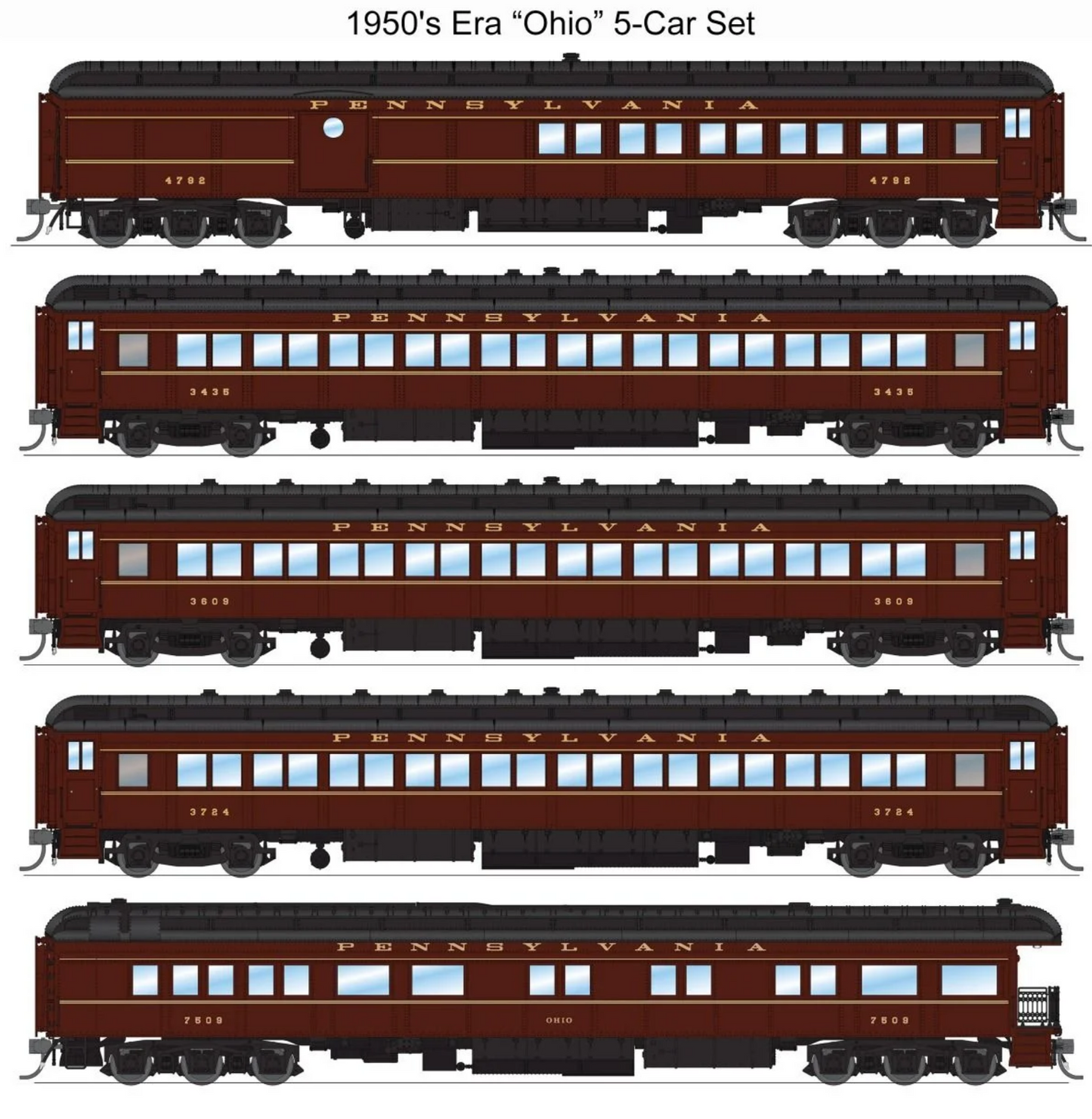 Broadway Limited HO 8966 PRR Heavyweight 5-Car Passenger Set, 1950's Era, HO (PB70 #4792, P70 #3435, P70 #3609, P70 #3724, Z74d #7509 "Ohio")