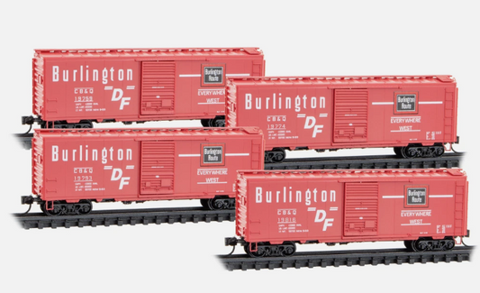MicroTrains Line 983 00 240 - N SCALE CB&Q Chicago, Burlington and Quincy 40′ Standard Boxcar 4-pk