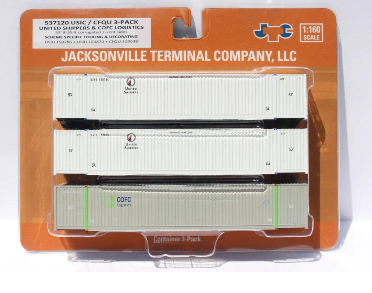 Jacksonville Terminal Co JTC 537120 N Scale - 53' High Cube Corrugated Side Containers United Shippers & COFC LOGISTICS (3-Pack)