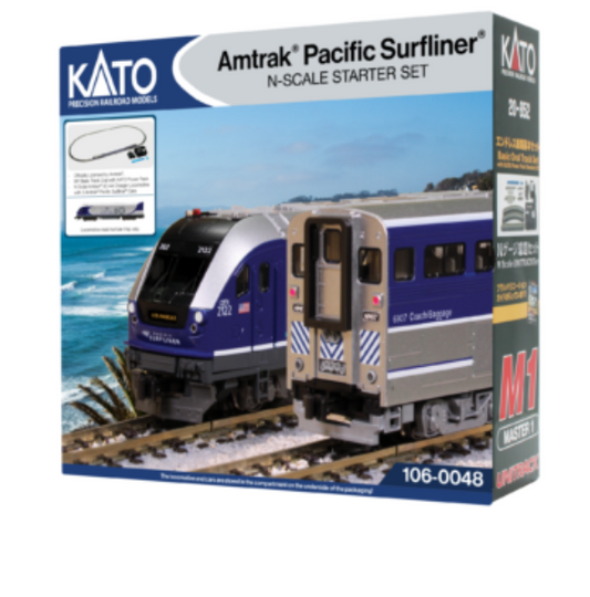 Kato 106-0048 N Scale - Amtrak Pacific Surfliner Starter Set Includes Siemens SC-44 Charger Locomotive, 3 Bi-Level Cars, Unitrack Oval & Power Pack
