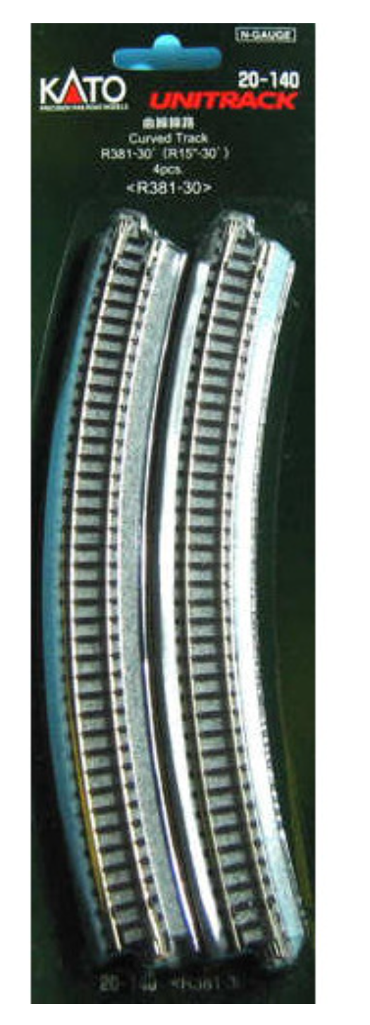 Kato Unitrack 20-140 N Scale - Curved Track 4 pieces 381mm (15") Radius 30 degree