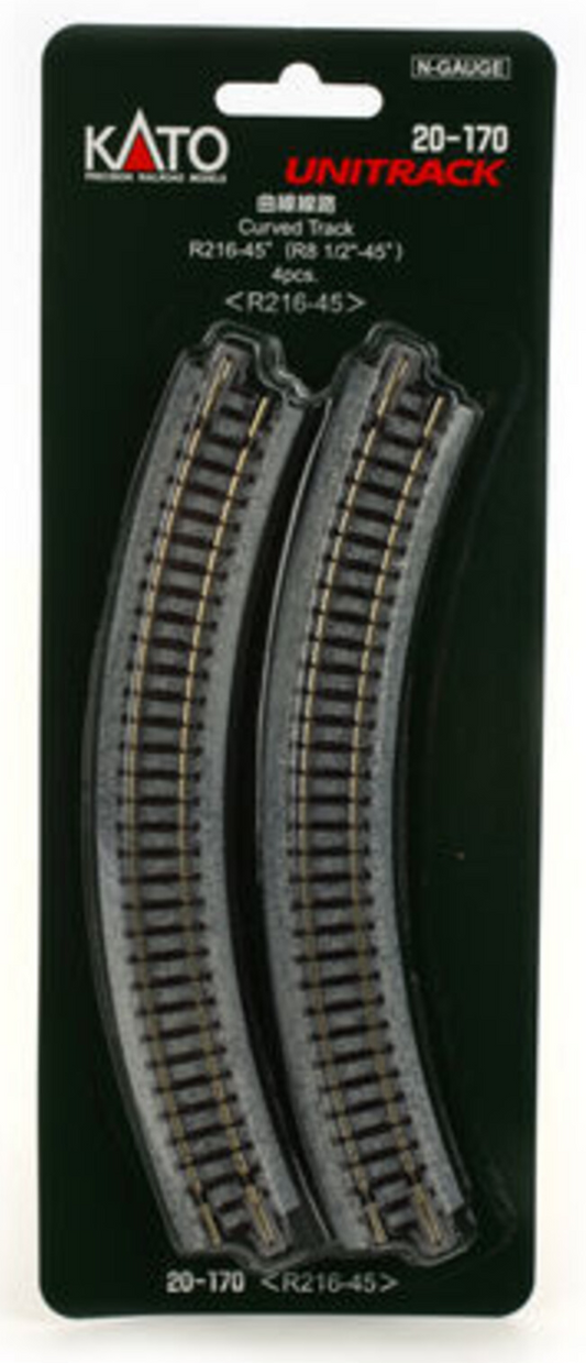 Kato Unitrack 20-170 N Scale - Curved Track 4 pieces 216mm 8-9/16" Radius Curve 45-Degree