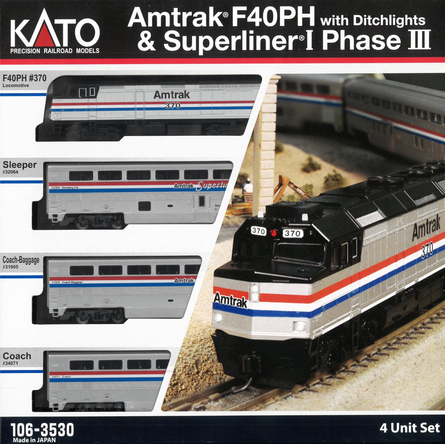 Kato 1063530 N Scale F40PH & Superliner Phase III 4-Unit Set (DC Silent) Amtrak 370, 32064, 31005, 34071