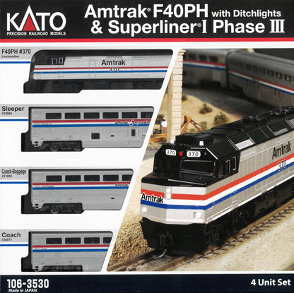 Kato 1063530 N Scale F40PH & Superliner Phase III 4-Unit Set (DC Silent) Amtrak 370, 32064, 31005, 34071