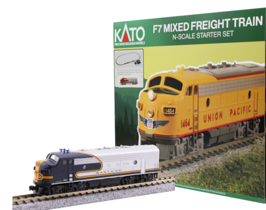Kato 106-0051 N Scale EMD F7 Freight Starter Set, Includes Santa Fe ATSF Blue Warbonnet Locomotive, 3 Freight Cars, a Caboose, Unitrack Oval & Power Pack (Copy)