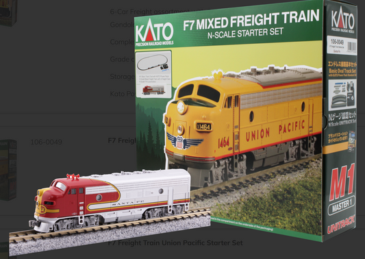 Kato 106-0049 N Scale EMD F7 Freight Starter Set, Includes Santa Fe ATSF Warbonnet Locomotive, 3 Freight Cars, a Caboose, Unitrack Oval & Power Pack