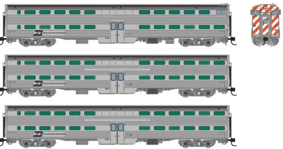 Rapido 545004 N Scale - Budd Gallery Cars Burlington Northern Set: Cab Commuter Car #802 and Two Coaches #769 & #771