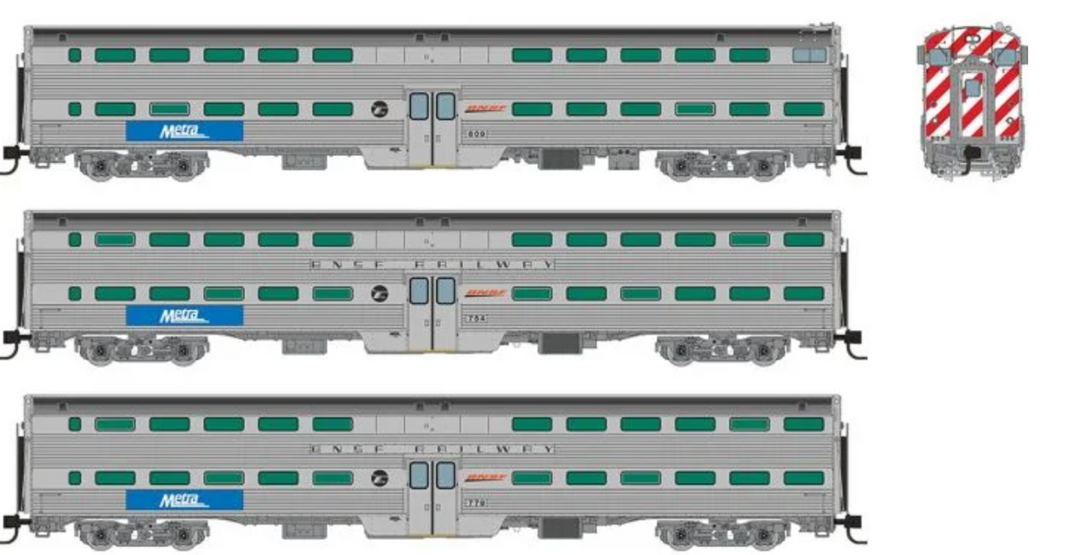 Rapido 545010 N Scale - Budd Gallery Cars BNSF Swoosh Set: Commuter Cab Car #811 Two Coaches #751 & #778