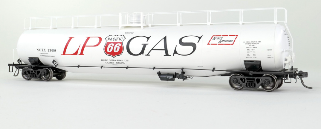 Tangent Scale Models 31161-03 HO Scale - 33,000 Gallon Dual Diameter LPG/AA Tank Car NCTX “Pacific 66 Calgary AB 1964” NACC 1963 Design #33020