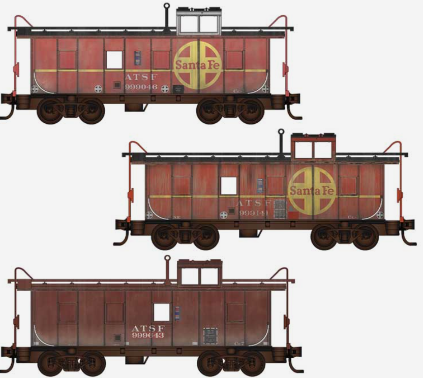 MicroTrains Line 983 02 259 N SCALE - 36' Riveted-Steel Cupola Caboose 3-Pack - ATSF Santa Fe #999046, 999141 (Weathered, red, yellow) 999643 (Weathered brown)