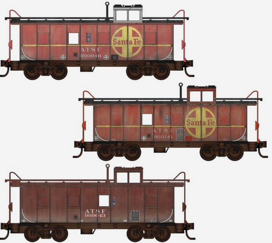 MicroTrains Line 983 02 259 N SCALE - 36' Riveted-Steel Cupola Caboose 3-Pack - ATSF Santa Fe #999046, 999141 (Weathered, red, yellow) 999643 (Weathered brown)