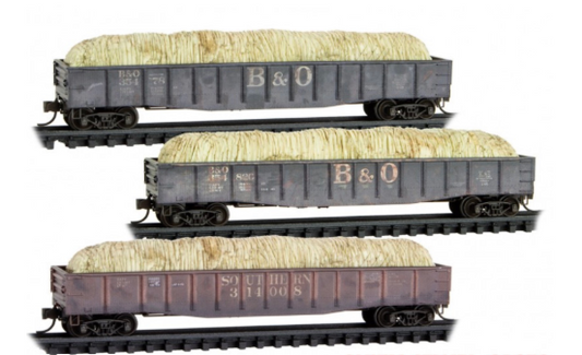 MicroTrains Line 993 02 243 N SCALE -50' Steel Side 14-Panel Gondola w/Hay Load 3-Pack - Ready to Run -  Baltimore & Ohio #354820, 354178 (black) Southern Railway #314008 (brown)