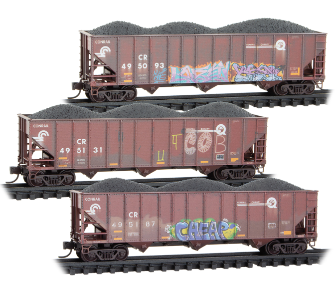 MicroTrains Line 983 05 103 N SCALE - 100-Ton 3-Bay Open Hoppers Weathered 3-Pack Conrail (CR) 495093, 495131, 495187