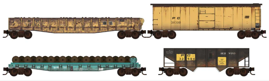 MicroTrains Line 983 02 283 - N SCALE Maintenance-of-Way 4-Car Set - Ready to Run w/Load Kits -- Penn Central Weathered Wheel Flat, Gondola, Boxcar, 2-Bay Hopper