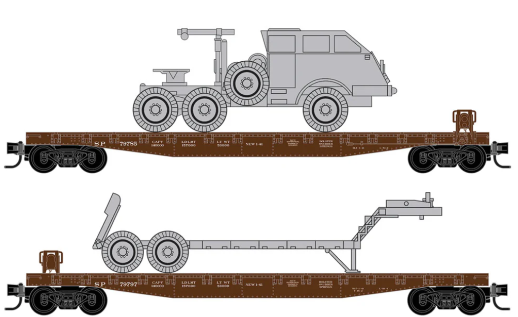 MicroTrains Line 983 02 264 - N SCALE Southern Pacific Flat Car with "Dragon Wagon" Load - 2-Pack