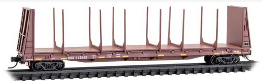 MicroTrains Line 054 00 431 N SCALE - 61' 8" Bulkhead Flatcar with Log Bunks - Ready to Run -- Southern SOU #115625 (Boxcar Red, yellow conspicuity marks)