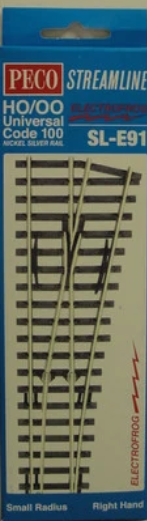Peco SL-E91 HO Scale - Code 100 Right-Hand Small Radius Electrofrog Turnout (SCALE=HO ) P Part # PCO-SL-E91