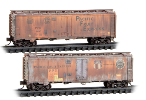 MicroTrains Line 983 05 098 N SCALE - Reefer, 40 Foot, Steel - Pacific Fruit Express - Weathered 2-Car Set