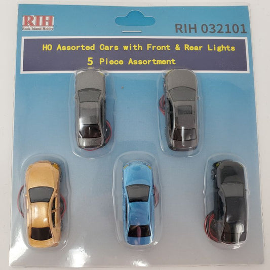 RIH (Rock Island Hobby) Lighted front and rear 5 Automobiles HO Scale