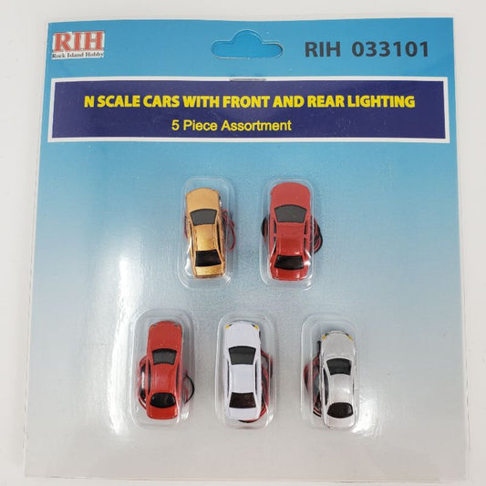 RIH (Rock Island Hobby) Lighted front and rear 5 Automobiles N Scale