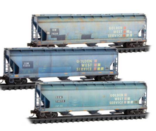 MicroTrains Line 983 05 092 N SCALE -  ACF 3-Bay Center Flow Covered Hopper w/Elongated Hatches 3-Pack Cotton Belt SSW Weathered Ex-Golden West